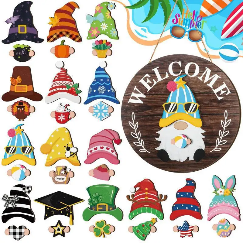 11style Gnome Interchangeable Seasonal Figures Wooden Decor Set with Magnetic Pieces Detachable Hats & Changeable Welcome Sign P
