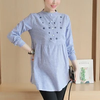 Maternity Woman Summer Long Loose Stripe Shirts Fashion Stripe Embroidery O-Neck Cotton And Linen Blouse Pregnant Woman Clothes 1