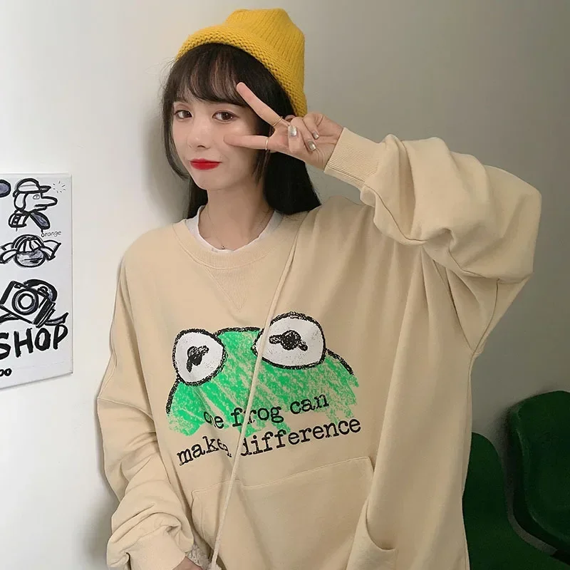 Cute Frog Printed Pullovers Women O-Neck Thin Loose Casual Sweatshirts with Big Pocket Spring Autumn Mid-Length Leisure Pullover