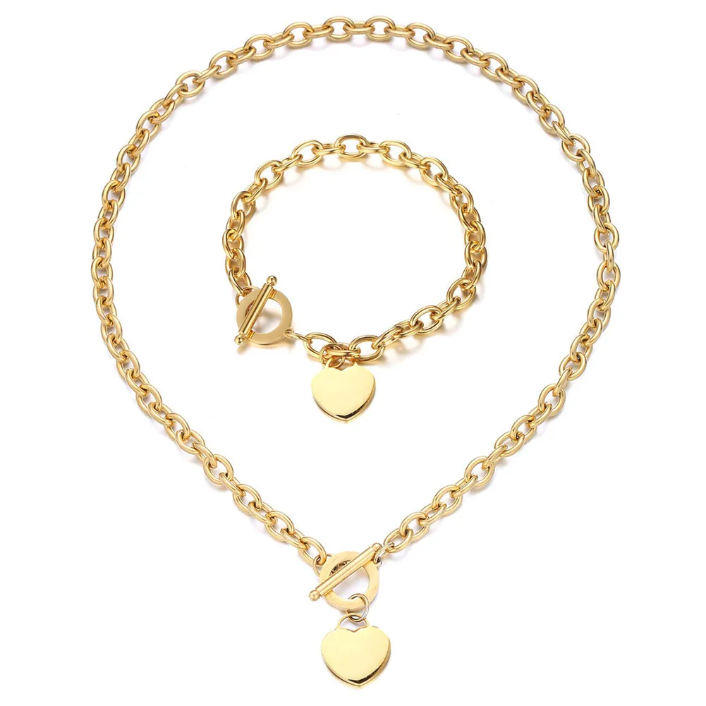 Classic Stainless Steel Chunky Chain Heart Jewelry Sets For Women Heart Toggle Bracelet Necklaces Sets Trendy Jewelry