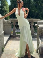 Patchwork Mesh Dress – Backless Halter, Deep V‑Neck