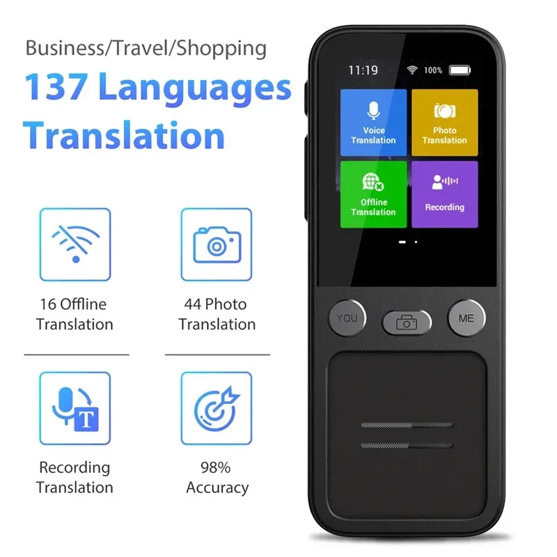T16 AI Voice Real Time Translator Machine 138 Multi Online Languages Voice Record 3.1 Inch Big Screen Portable Offline Tradutor