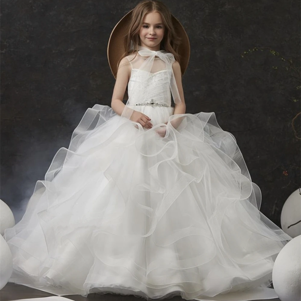 

Elegant White High Neck Flower Girl Dresses For Wedding Lace Appliques Cap Sleeves Princess Formal Party First Communion Gowns