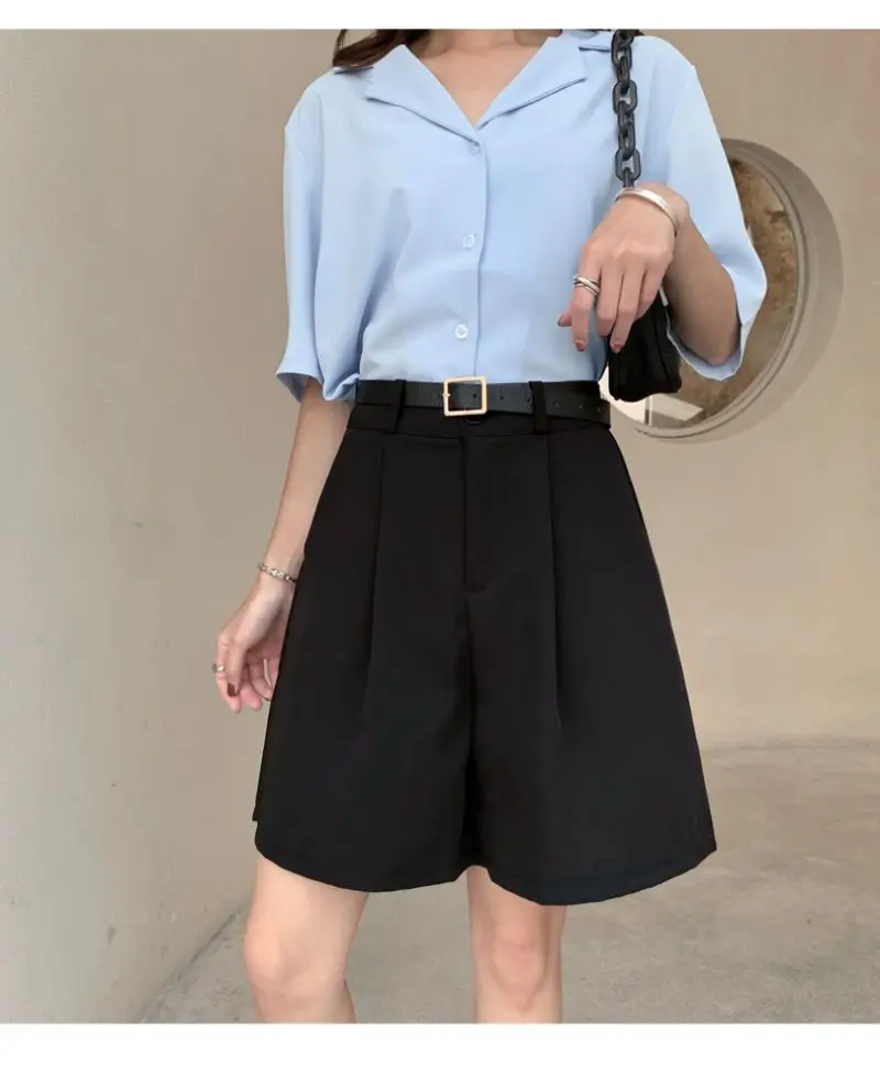 High Waist Straight Solid Blue Color Casual Suit Women's Shorts Clothing 2022 Summer Korean Style Shorts Woman Clothes dolphin shorts