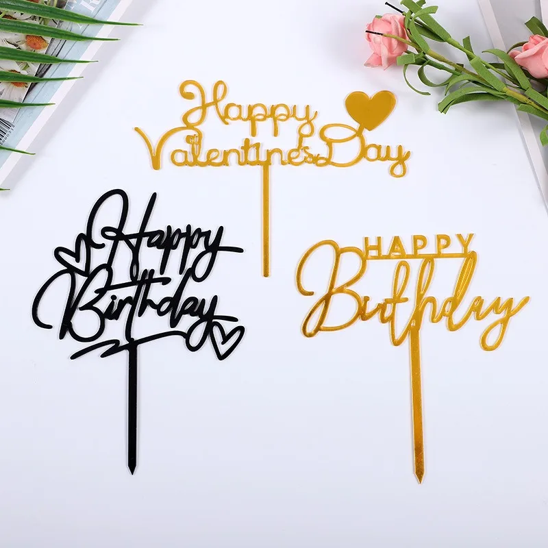 

10 Pcs Acrylic Cake Topper Happy Birthday Party Cupcakes Dessert Decoration Supplies Love Color Hearts Baked Goods Tag