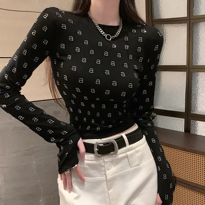 AW Wang Diamond A Letter O-neck Long Sleeve Black Slim T-shirt For Women Crop Top Tshirts Star Girl Y2k Short Stich Tees Clothes