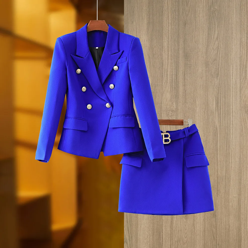 Office Ladies 2 Piece Skirt Suits Women 2023 Autumn Red Blue Double Breasted Slim Blazer Mini Street Clothing Fashion Jacket Set