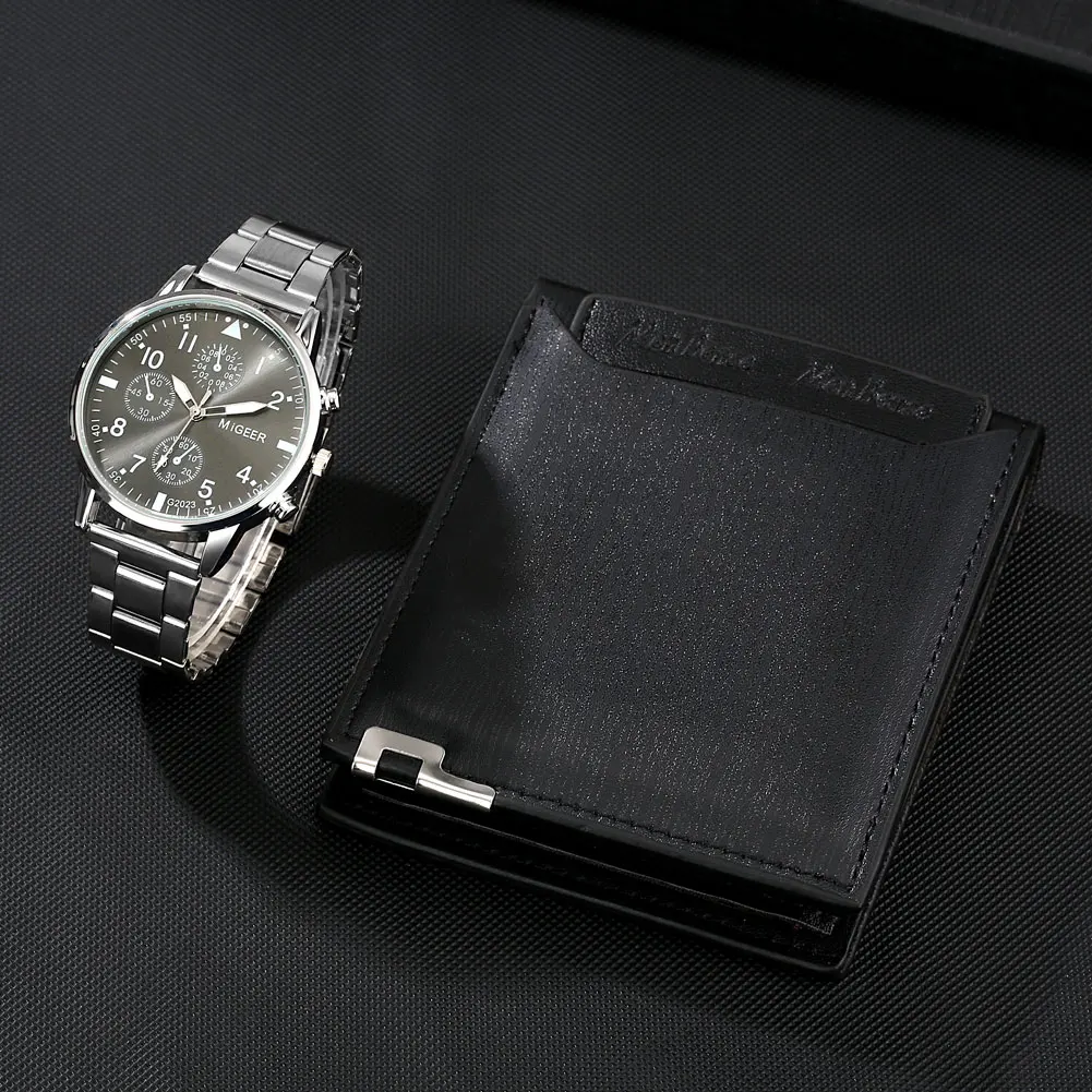 Business Man Wristwatch Cool Black Man Watch with Wallet Set Fashion Luxury Quartz Clock Birthday Present Box for Men Male Gifts