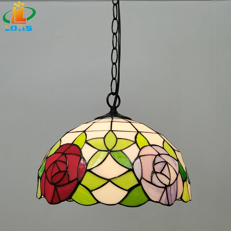 

30CM Rose Single Chandelier Pastoral Style Tiffany Lamps Kitchen Sun Room Western Restaurant European E27 Stained Glass Welding
