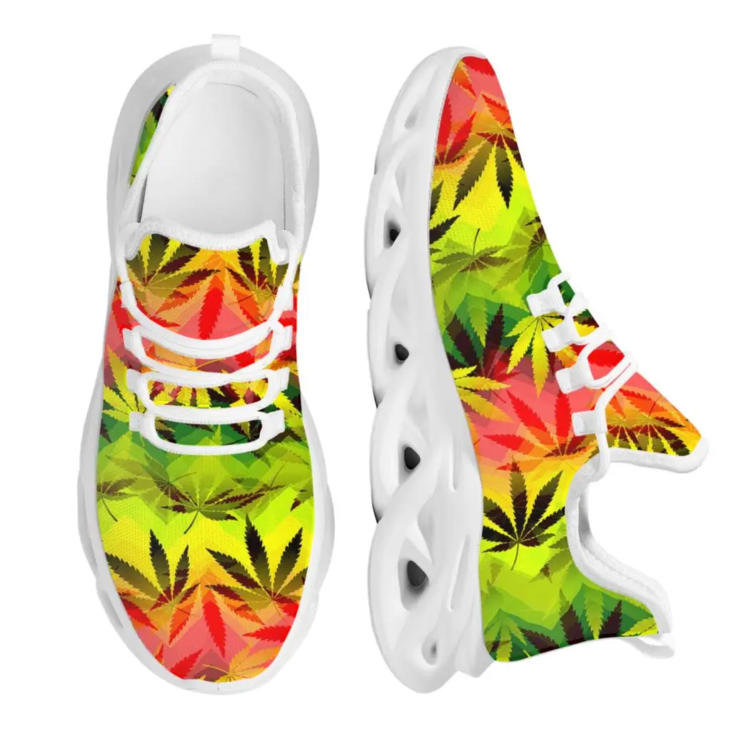 

INSTANTARTS Green 3D Fashion Weed Leaves Printing Women Walking Flat Shoes Comfortable Lace-up Sneakers Light Footwear Zapatos