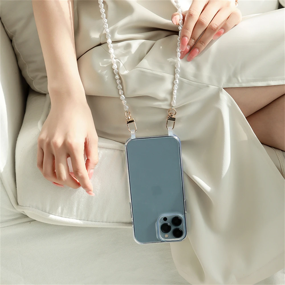 Luxury Acrossbody Pearl Lanyard Necklace Phone Case with Clear Acrylic Cover