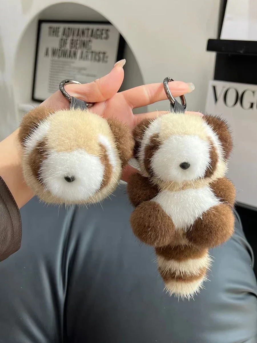 Cute Raccoon Real Mink Fur Keychain Plush Toy Trinkets Women Bag Hanging Ornaments Car Key Metal Ring Pendant Kids Classic Gift