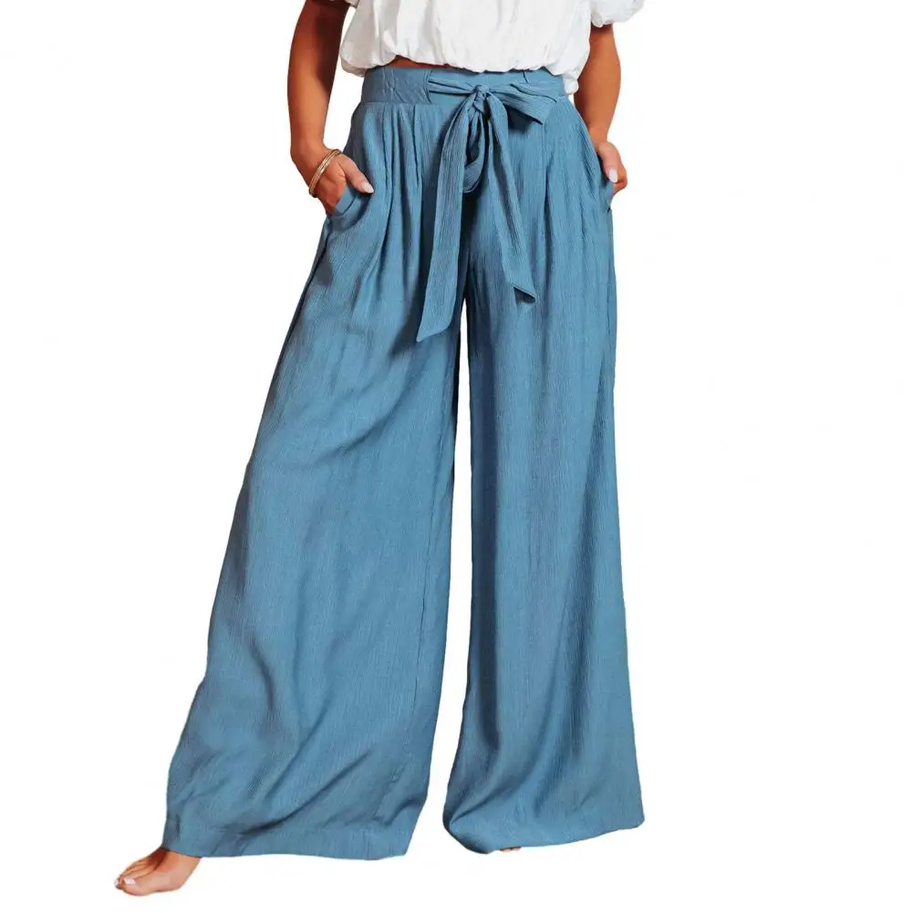 

High-Waist Elastic Pleated Casual Pants Waistband Lace-up Women Pants Pockets Solid Color Oversized Wide Leg Pants