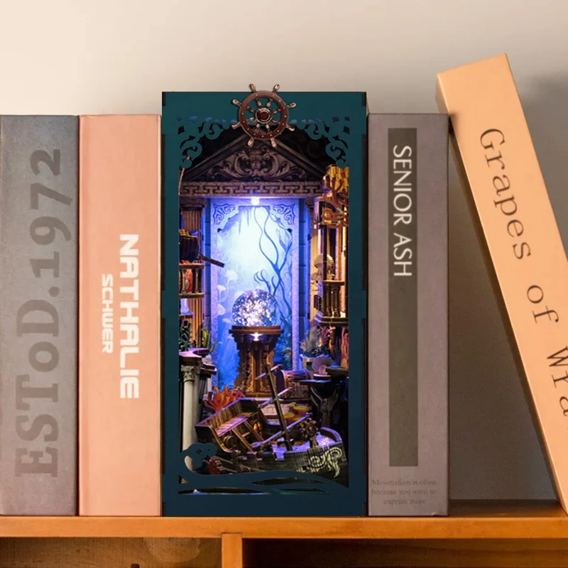 DIY Book Nook Shelf Insert Kits Riddle On The Seabed Bookshelf Wooden Miniature Model Kit Handmade Bookend Friends Xmas Gifts 3