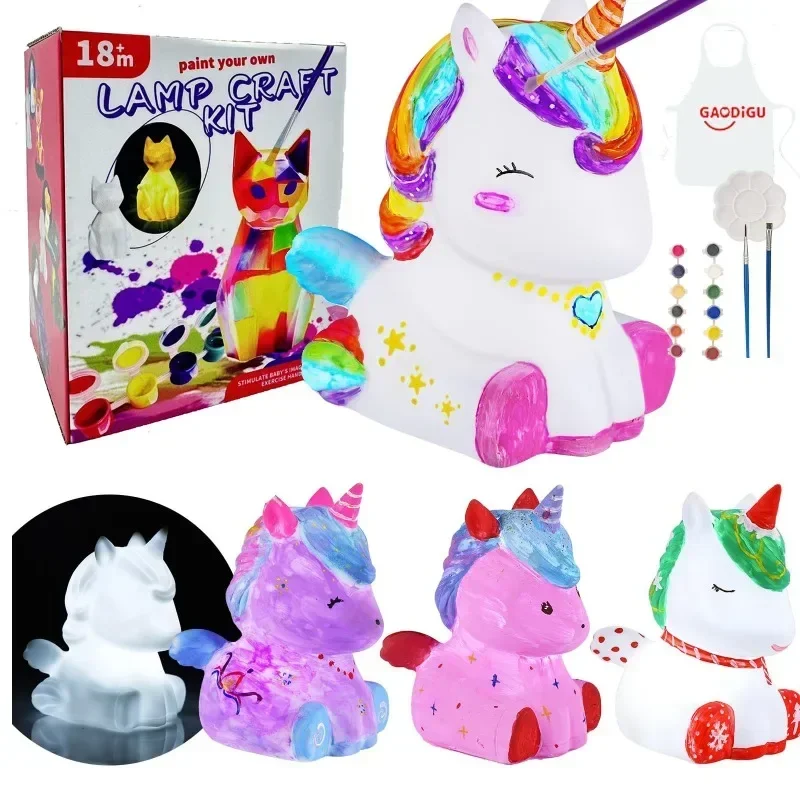 Kit Artistico per Dipingere la Tua Lampada a Forma di Gatto, Cervo o Unicorno, Set per Pittura Graffiti, Decorazione Fai-da-Te per Camera da Letto, Luce Notturna, Regalo per Bambini - immagine 5