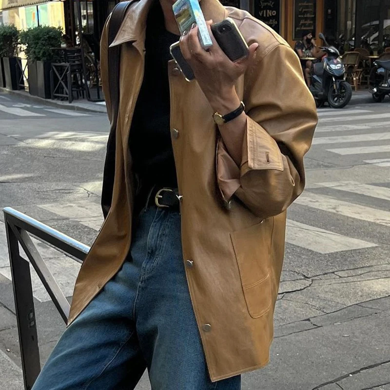 Vintage Leather Jacket for Women Spring Autumn 2024 New Simple Fashion Metal Single-breasted Brown PU Leather Jackets abrigos