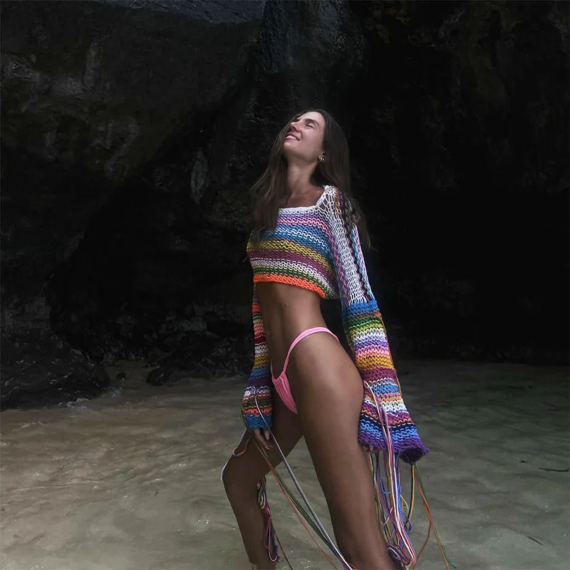 Tassel Contrast Holiday Sweater Pullovers For Women Loose Flared Sleeve Beach Boho Knit Female Cover up Pullover Crop top