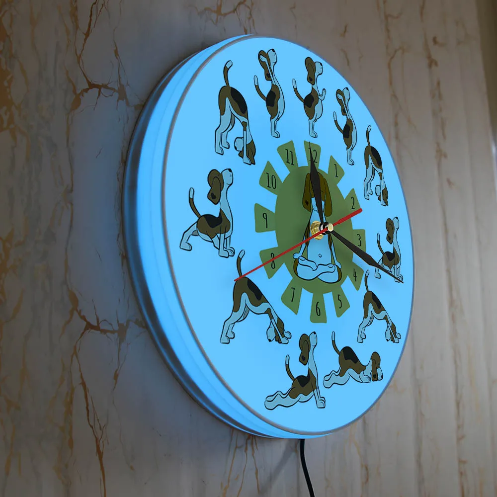 Cartoon Funny Dog Doing Yoga Position Of Surya Namaskara Doggy Style Yoga Wall Clock Beagle Dog Pet Cartoon Yoga Wall Watch 4
