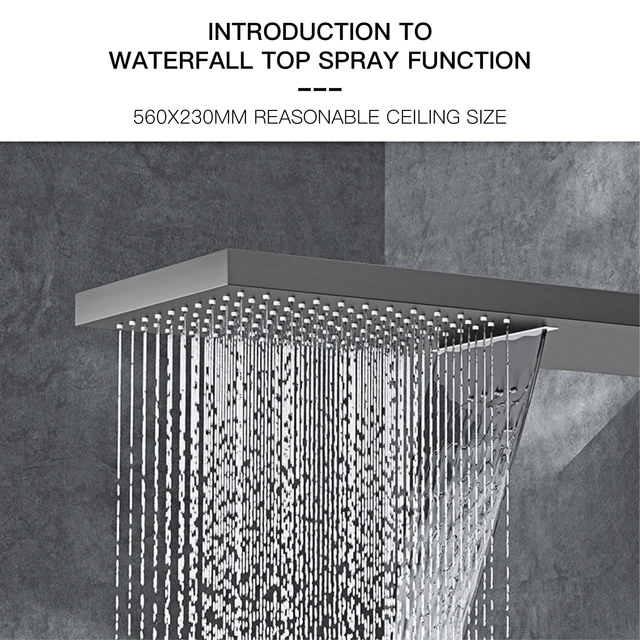 ระบบฝักบัวอาบน้ําทองเหลืองสีดําหรูหราติดผนังการออกแบบจอแสดงผลดิจิตอล LED เย็นและร้อนควบคุมคู่ฝักบัวเพดาน 4 ฟังก์ชั่นแตะ 6