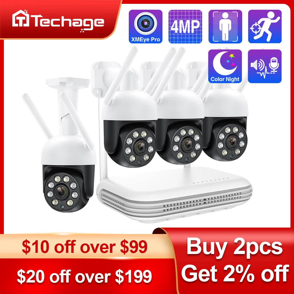 Techage H.265 8CH 4MP Wireless Camera System Humanoid Auto Tracking Smart AI PTZ Camera Two-way Audio Mini WiFi Surveillance Set