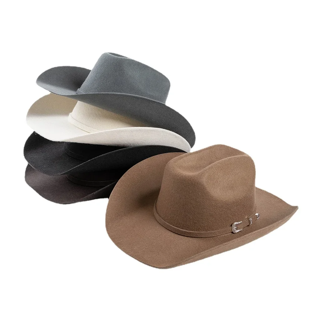 Wool Concave Shape Top Hat Fashion Belt Buckle Decorative Woolen Curling Wide Brim Fedora Hat Unisex Western Cowboy