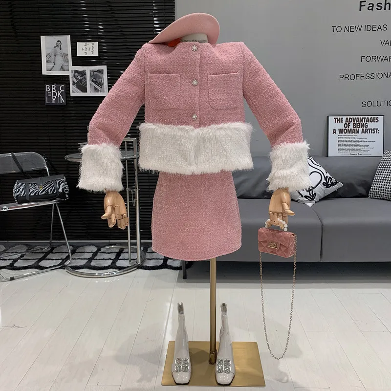 

Temperament plush patchwork round neck long sleeved jacket+high waisted A-line skirt two-piece set for women