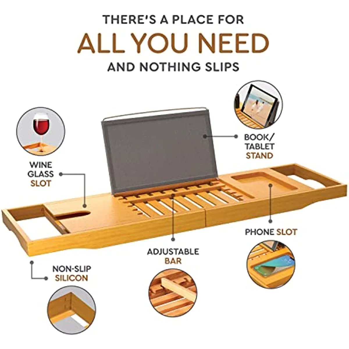 Premium Bamboo Bathtub Tray Expandable Wooden Bath Tray Adjustable Bathroom for Tub Luxury Bath Tub Table Gift Idea for Lov