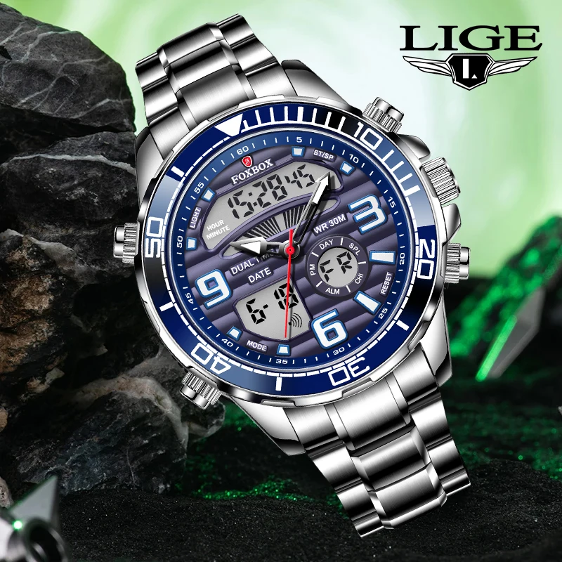 

LIGE Fashion Dual Display Watch Men's Chronograph Sports Digital Men's Watch Luminous Waterproof Men's Clock Relogio Masculino