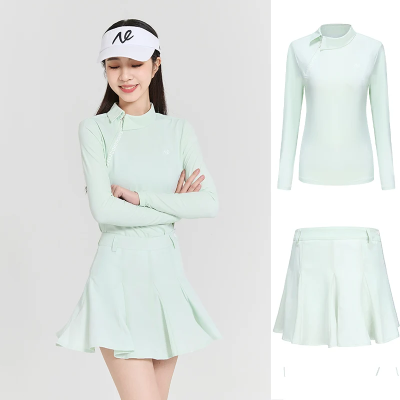 

Golf Sunscreen Light Green Long Sleeve Top Clothing Shirt and Slim Fit Breathable Sports Skirt Set Women's Apparel
