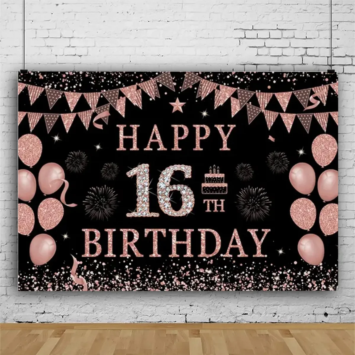 Happy 16th Birthday Banner – 180 X 110 Cm, Schwarz-gold, Vinyl, Für Foto-Hintergrund & Partydekoration