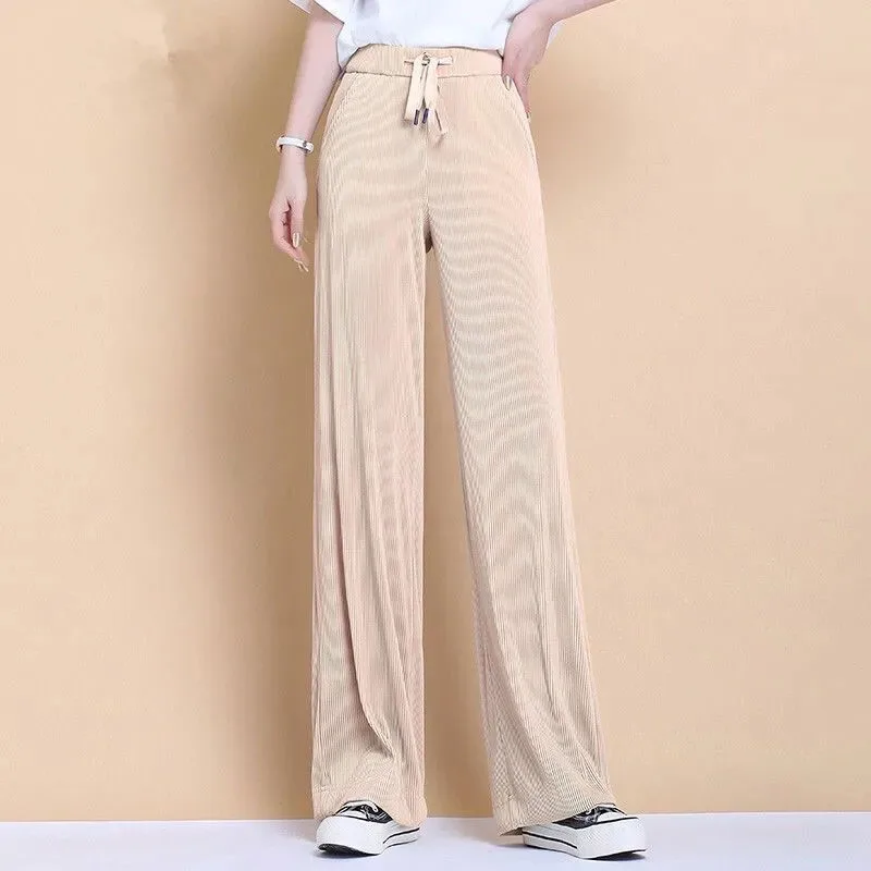 

Ice Silk Women Wide Leg Casual Pants High Waisted Elastic Baggy Trousers Oversized Streetwear Pantalones Korean Straight Spodnie