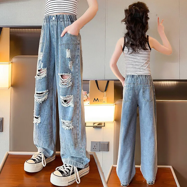 

Новые детские модные джинсы для молодых девушек Летние перфорированные джинсовые брюки