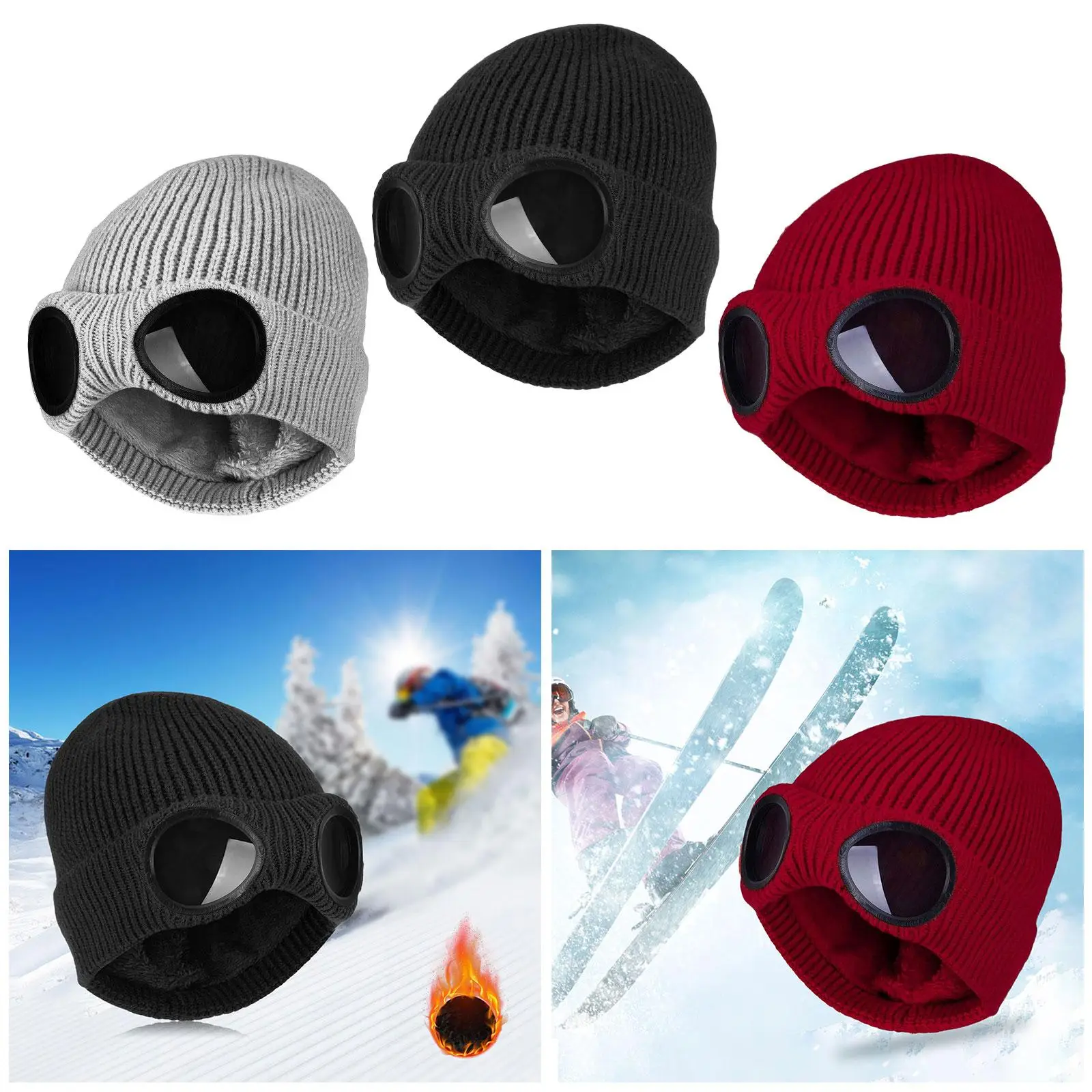 Fashion Knit Hats Thermal Solid Color Beanie, with Goggles Windproof Soft Headwear Skiing Caps for Men Women Unisex