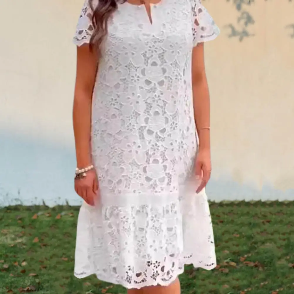 

Women Lace Dress Elegant Vintage Lace Summer Dress with Short Sleeves V Neckline A-line Midi Dress for Prom Parties Dates