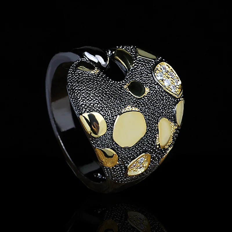 Exaggerated Geometric Hollow Ring Black Gold Two-tone Zircon Ring for Women gold plated rings golden ring gold rings