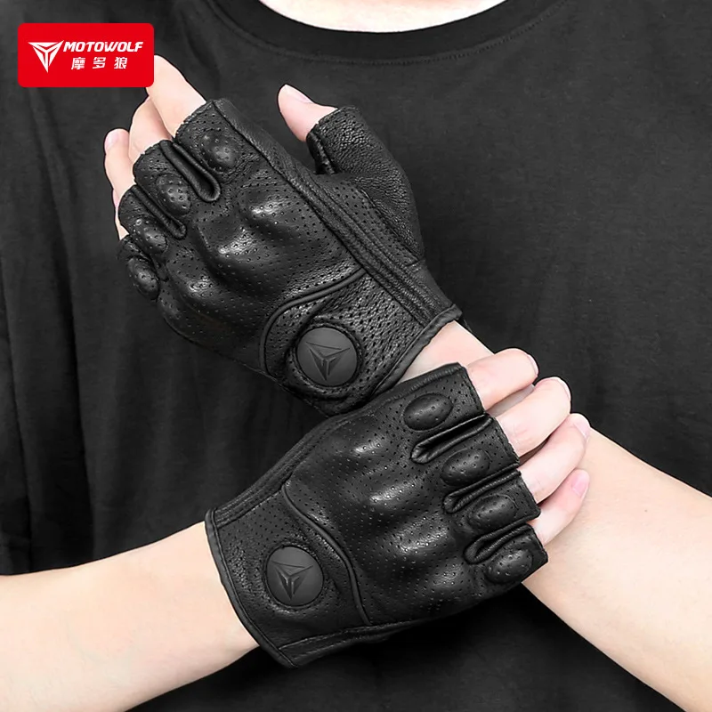 Perforated Fingerless Leather Gloves