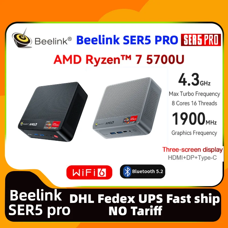

Beelink SER5 Pro AMD Ryzen7 5700U Mini Pc 4K Triple Display WiFi6 Dp DDR4 Ram 16G/32G SSD 500G/1TB Gaming Home Office Business