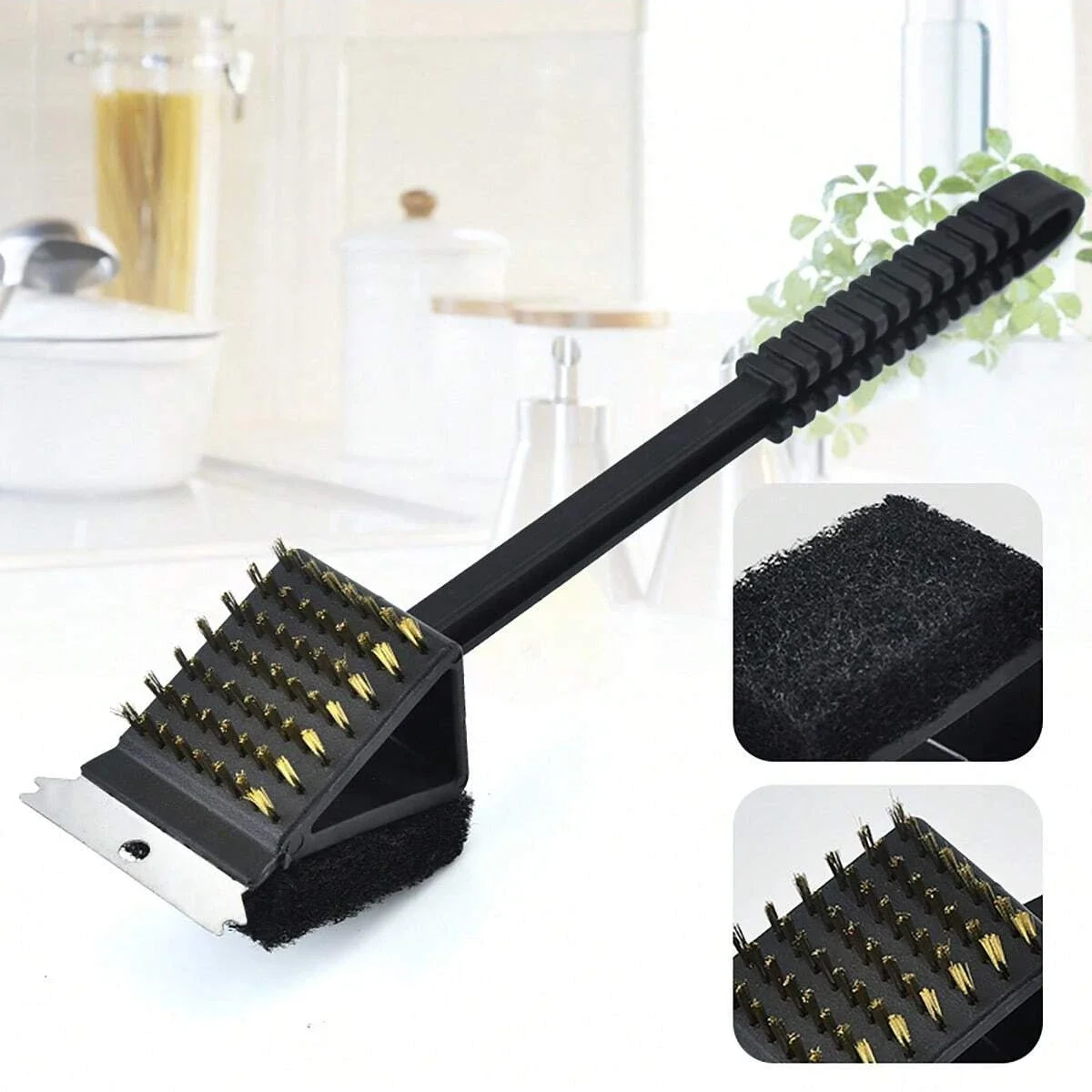 1pc-Long Handle BBQ Tool 3 in 1 CornerCopper Wire Brush for Outdoor