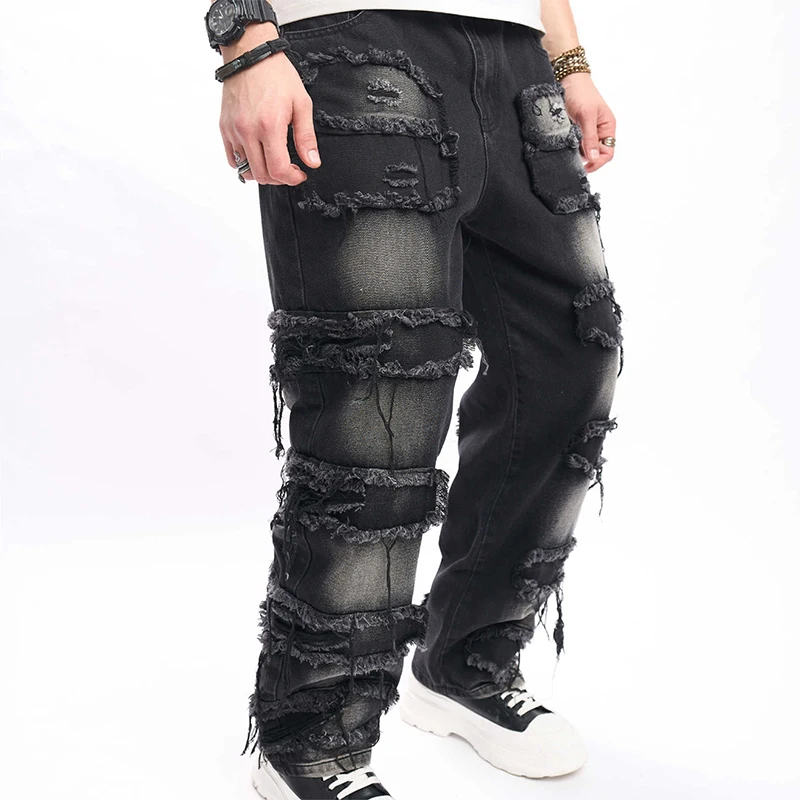 

Mens Black Stacked Jeans Slim Fit Ripped Jeans Destroyed Straight Denim Pants Harajuku Hip Hop Trouser Streetwear