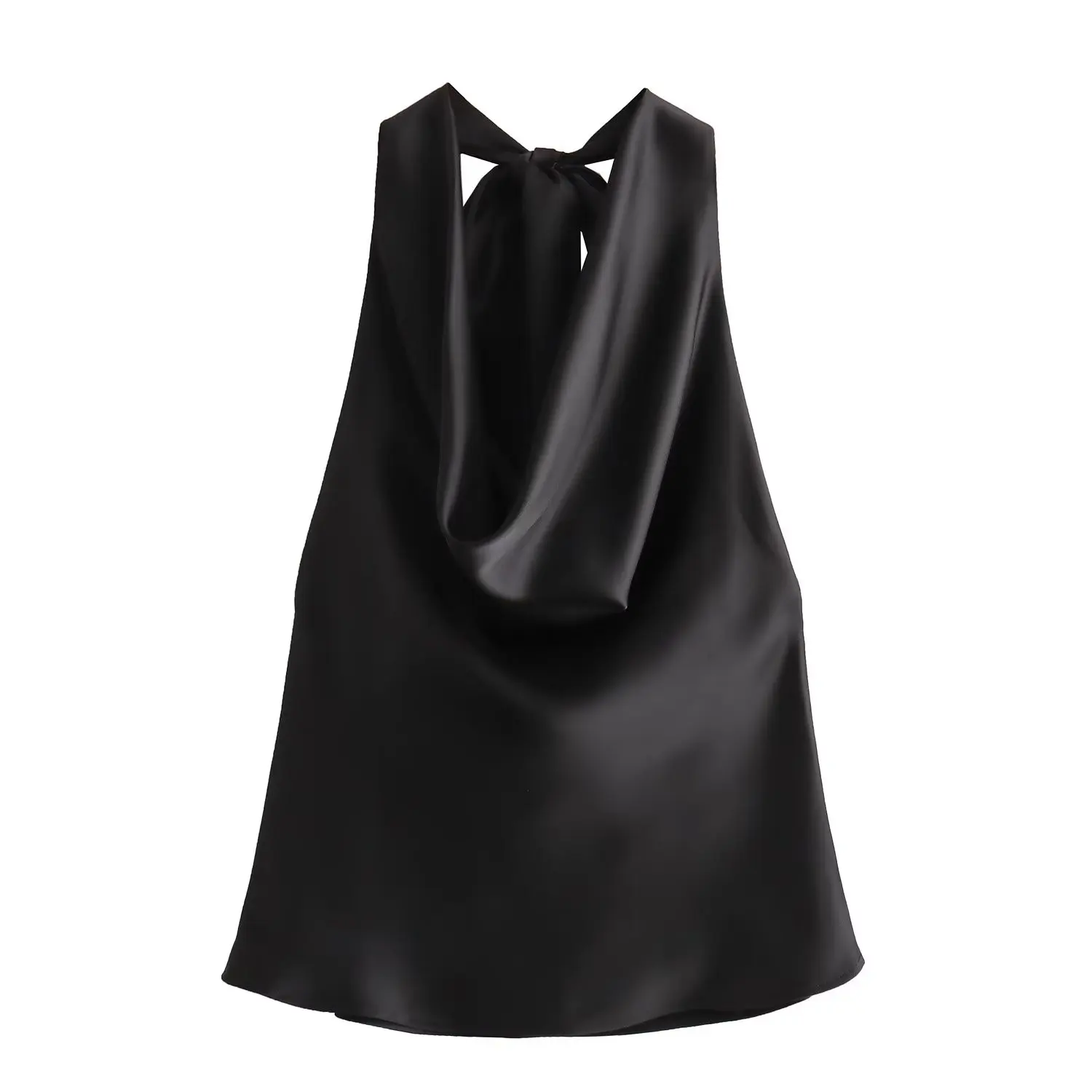 

Withered French Elegant Halter Neck Top Fashion Ladies Satin Sexy Pleated Sleeveless Shirt Women
