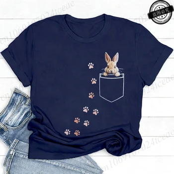 Pocket Bunny T-Shirts – Cute Rabbit Paw Prints T-Shirt Funny Bunny Graphic Tee Tops Sweet Rabbit Sitting in The Pocket Shirt