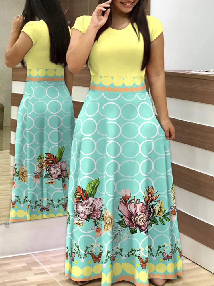 Plus Size Contrast Floral Print Round Neck Maxi Dress