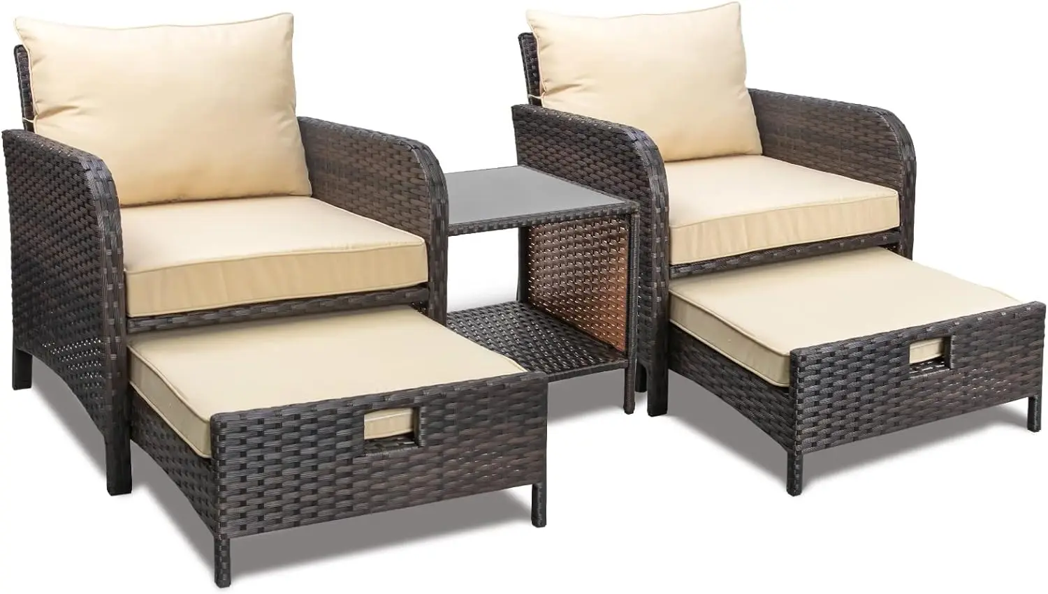 

5pcs Patio Conversation Set,PE Wicker Rattan Outdoor Lounge Chairs w/ Soft Cushions 2 Ottoman&Glass Table for Porch,Multi Colors