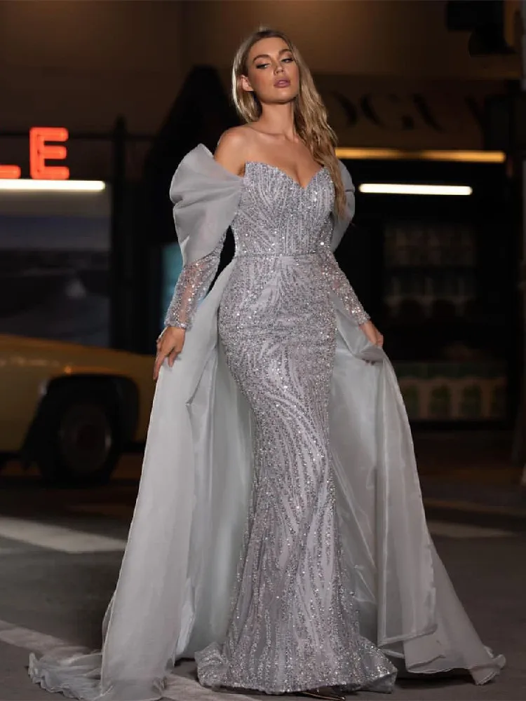 

Gray Sparkly Mermaid Evening Dresses Long Sleeves V Neck Appliques 3D Lace Train Beads Zipper Plus Size Prom Dresses Custom Made