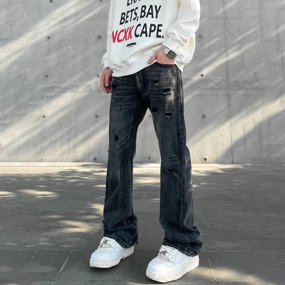 Streetwear Ripped Jeans Men Autumn Black Flared Trousers Casual Y2k Vaqueros Pantalones Hombre Winter Street Hole Denim Pants 3