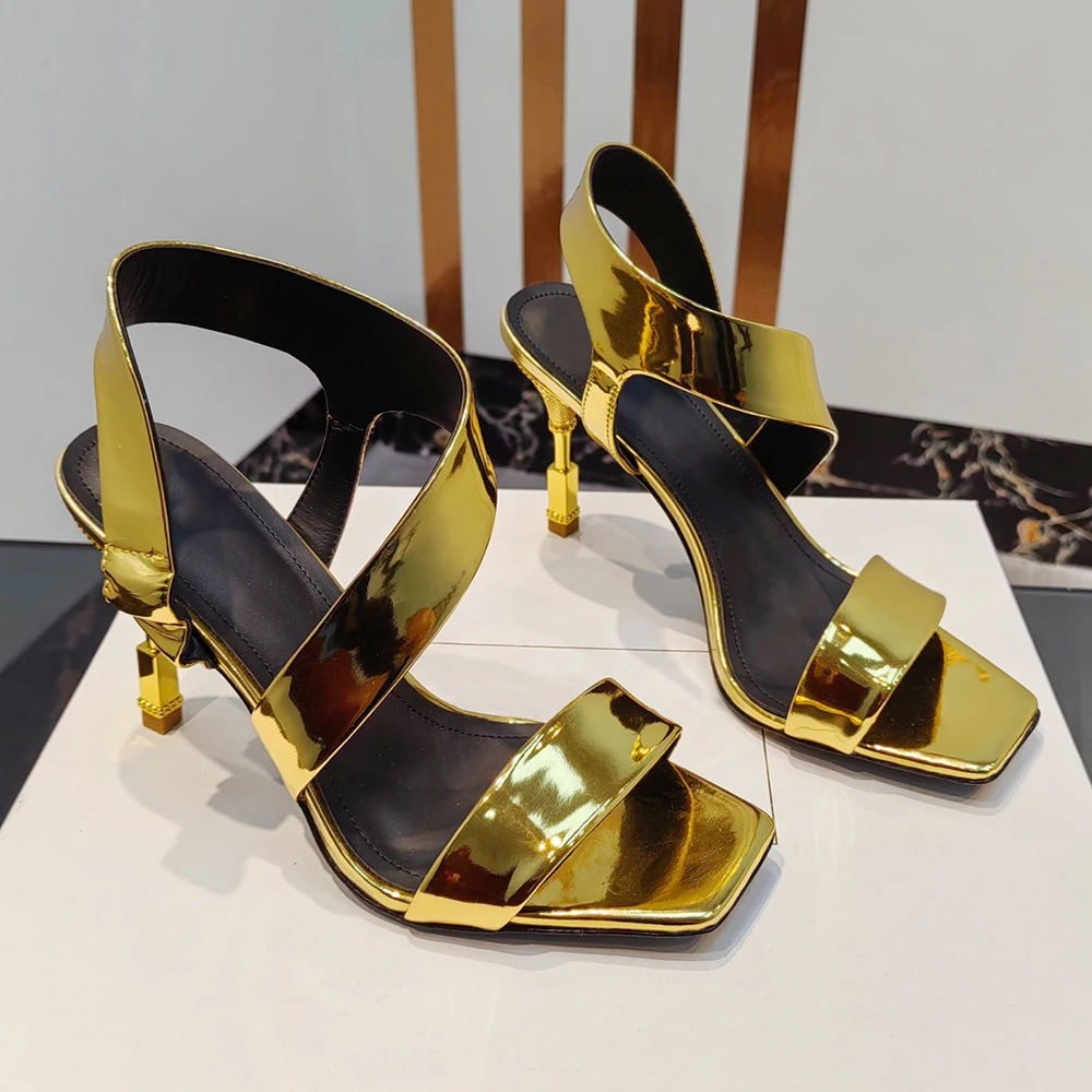 

2023SS Summer Golden Square Head High Heel Sandals Leather Open Toe Women's Shoes Wedding Party High Heels