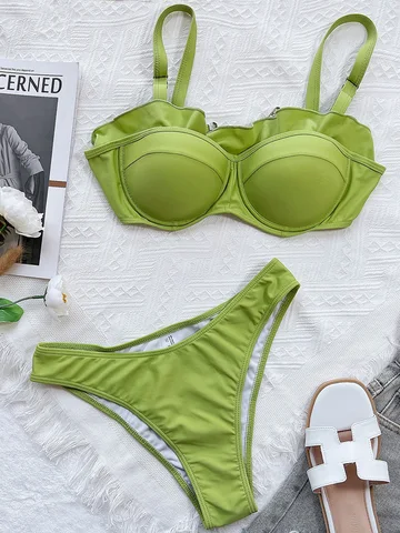 Up Swimwear 2022 Mujer Ruffled Bikini Sets Solid Green Women Swimsuit High Waist Bikinis Beach Bathing Suit Wear Two Pieces