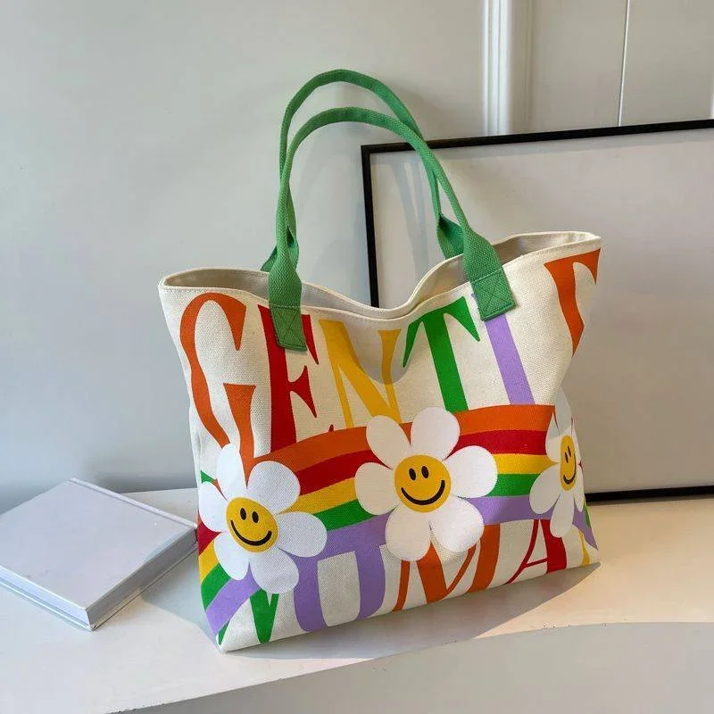 Flower Letter Print Tote Bag, Kawaii Sweet Canvas Handbag, Women Large Capacity Shoulder Bag
