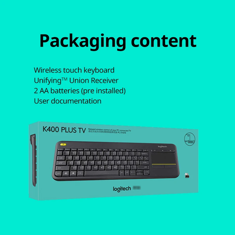 로지텍 K400 플러스 무선 키보드 터치패드 TV 호환, 긴 배터리 수명, 윈도우 안드로이드 TV용