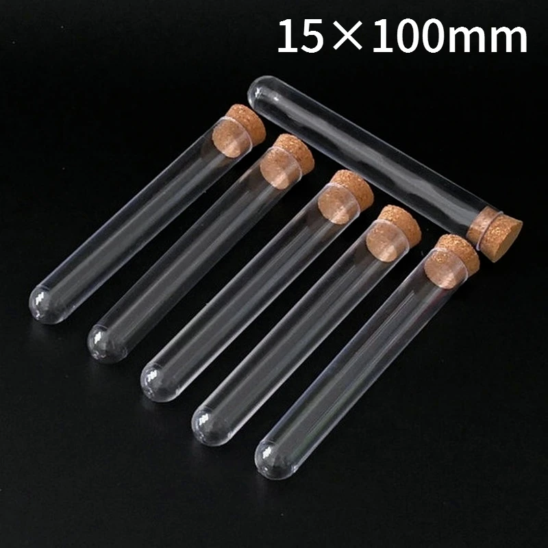 

100pcs/lot 15x100mm Lab Plastic Test Tube with Cork, DIA15mm PC Labware Party Candy Bottle Bath Salt Vials Wedding Gift Tube
